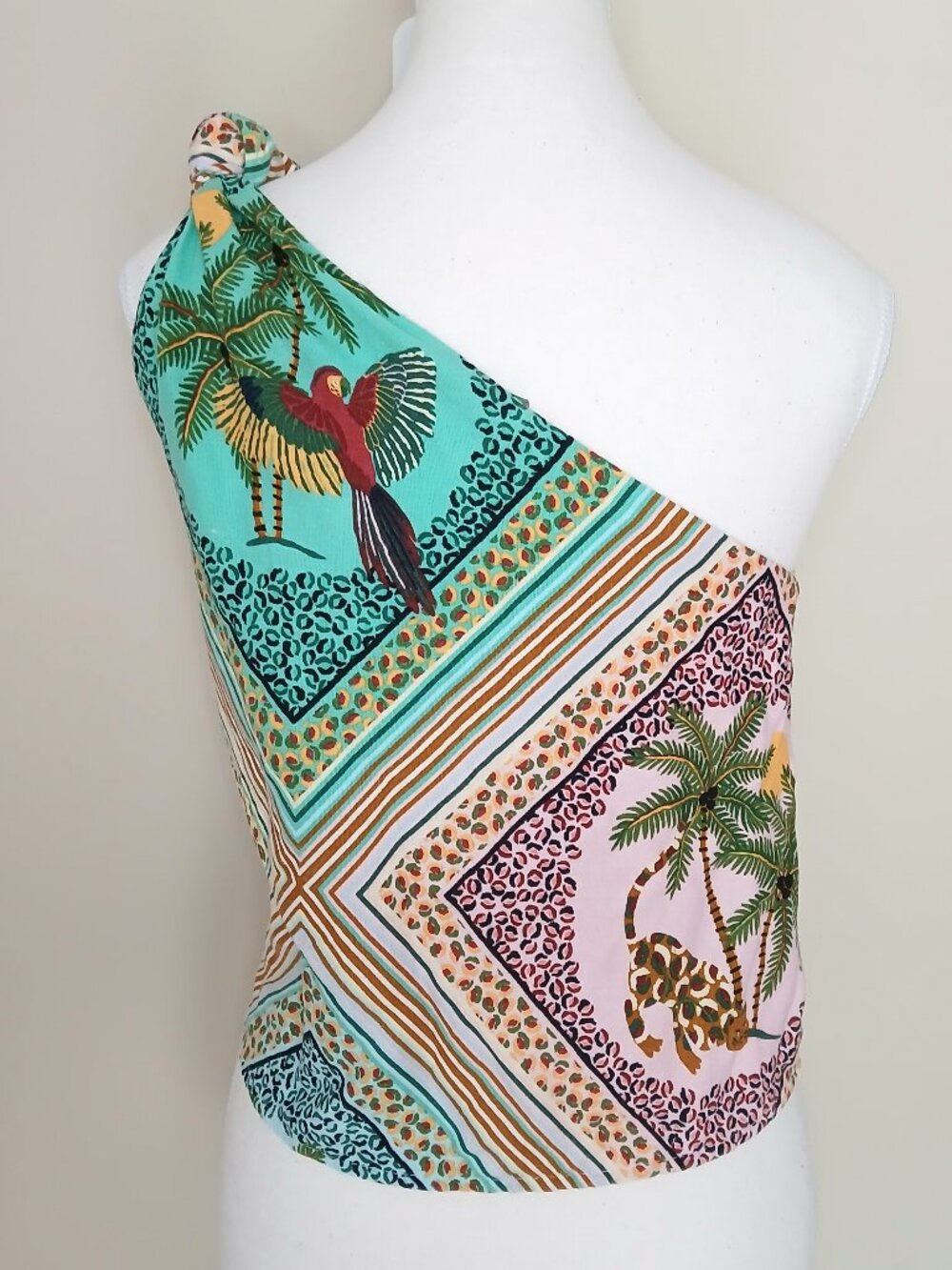 Farm Rio Nossa Selva (Our Jungle) One Shoulder Linen Blend Scarf Top Size Small - Picture 4 of 6
